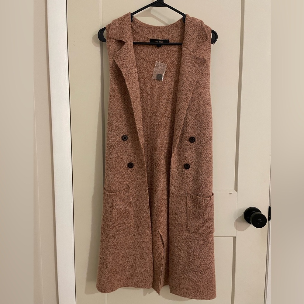 Women’s Sleeveless Long Knit Collared Sweater Vest/Cardigan with Buttons